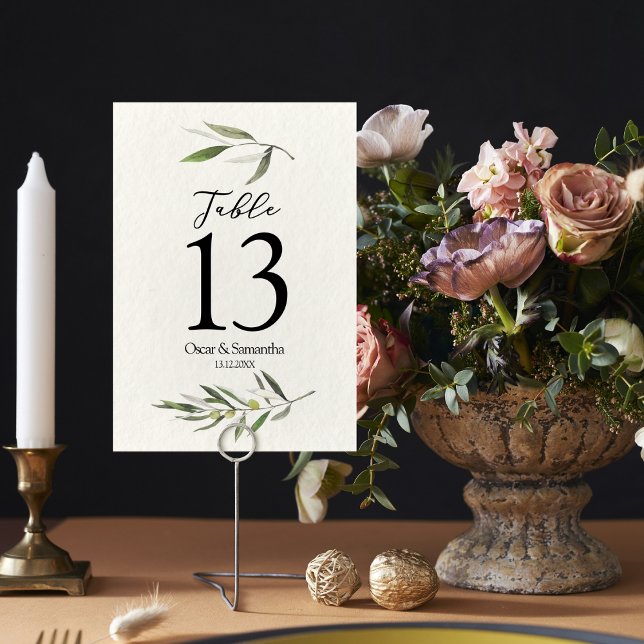 Modern Watercolor Green Olive Branch Table Number (Creator Uploaded)