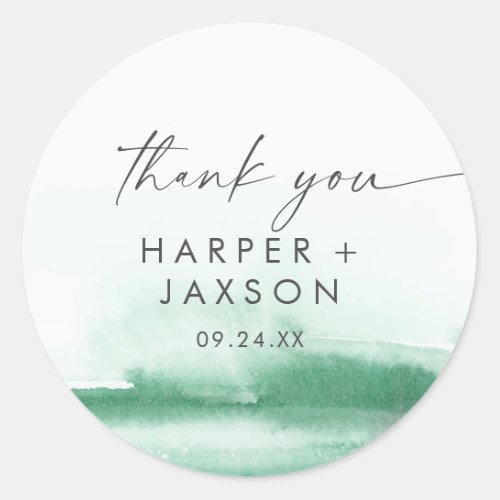 Modern Watercolor | Green Thank You Wedding Favor Classic Round Sticker
