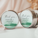 Modern Watercolor | Green Thank You Wedding Favor Classic Round Sticker<br><div class="desc">These modern watercolor green thank you wedding favor stickers are perfect for a stylish contemporary wedding reception. The minimalist, classic and elegant design collection features simple water color paint brush strokes in pretty jewel tones. Personalize the sticker labels with your names, the event (if applicable), and the date. These stickers...</div>