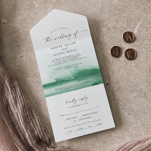 Modern Watercolor  Green Wedding All In One Invitation