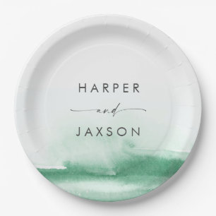 Modern Watercolor Green Wedding Cake Paper Plate