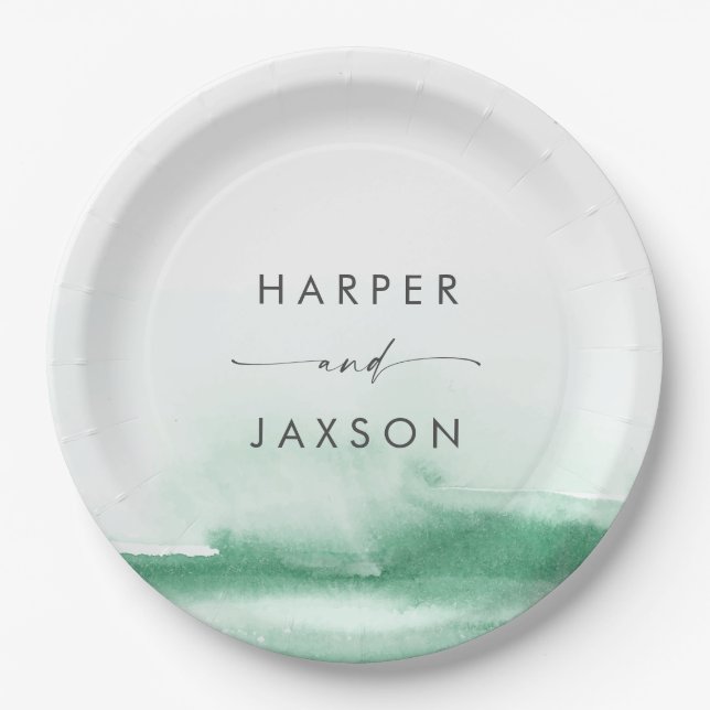Modern Watercolor | Green Wedding Cake Paper Plate (Front)