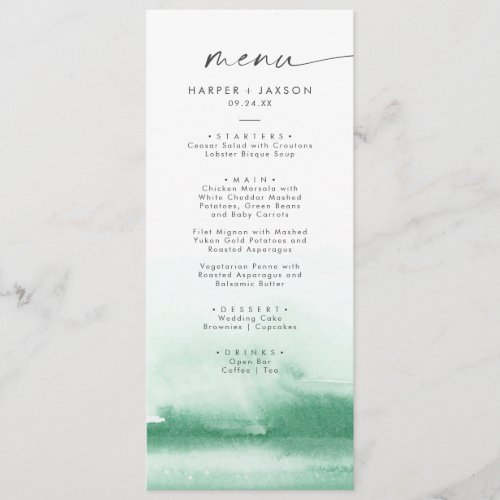 Modern Watercolor  Green Wedding Dinner Menu