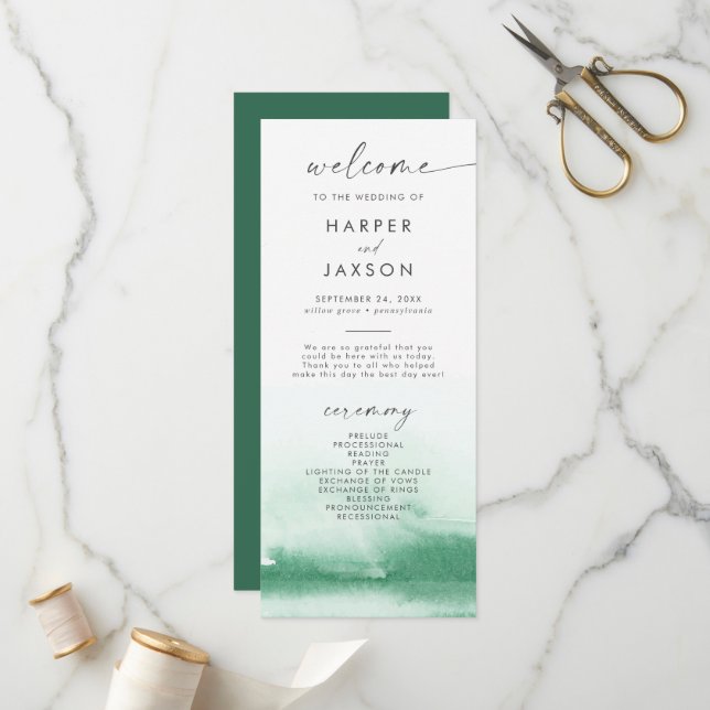 Modern Watercolor | Green Wedding Program (Front/Back In Situ)