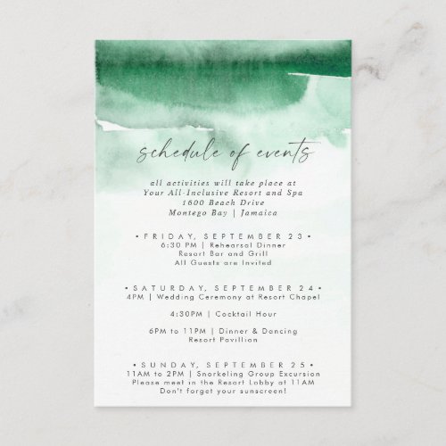 Modern Watercolor Green Wedding Schedule of Events Enclosure Card