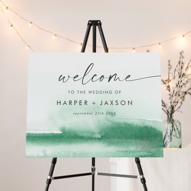 Modern Watercolor | Green Wedding Welcome Foam Board (In Situ (Stand))