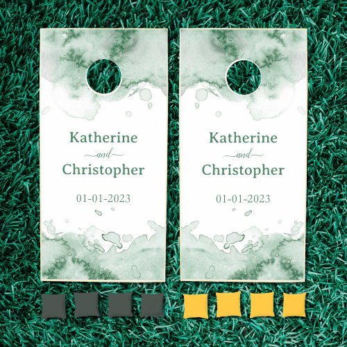 Modern Watercolor Green White Bride Groom Wedding Cornhole Set