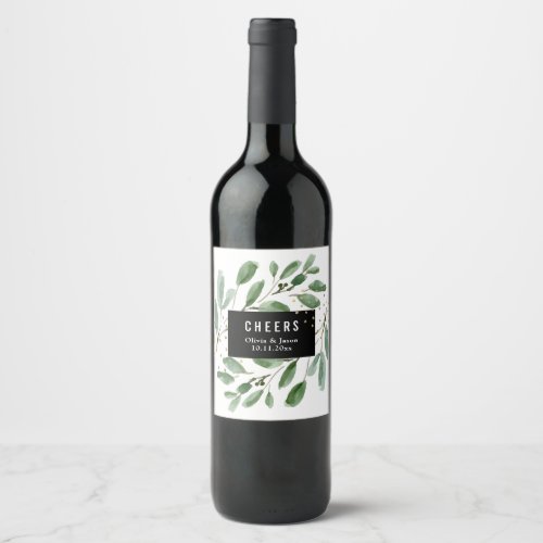 Modern Watercolor Greenery and Gold  Cheers Wine Label