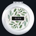 Modern Watercolor Greenery and Gold Compact Mirror<br><div class="desc">This trendy and stylish mirror features botanical watercolor green leaves,  with faux gold accents. There is a modern black frame in the center of the design,  with your name or monogram in white. A fashionable and elegant gift.</div>