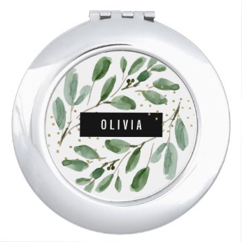 Modern Watercolor Greenery And Gold Compact Mirror by christine592 at Zazzle