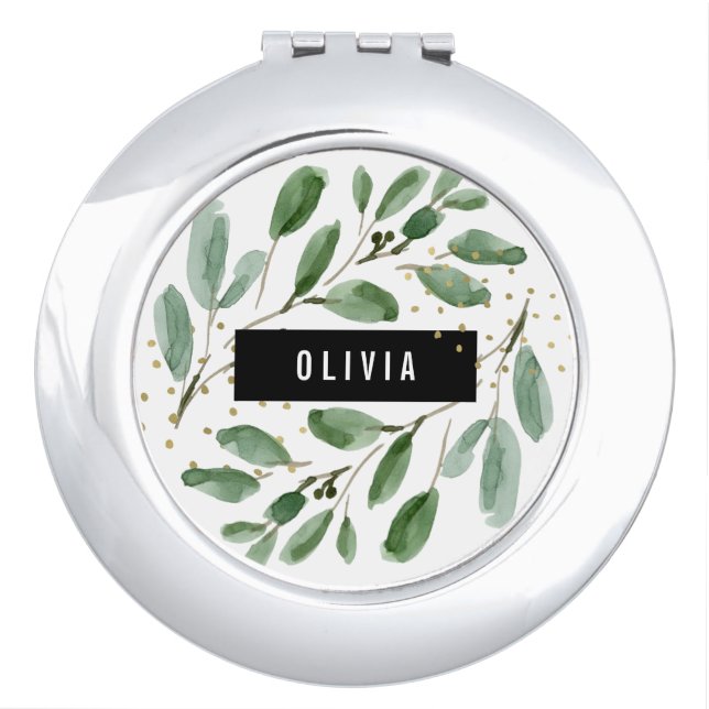 Modern Watercolor Greenery and Gold Compact Mirror (Front)