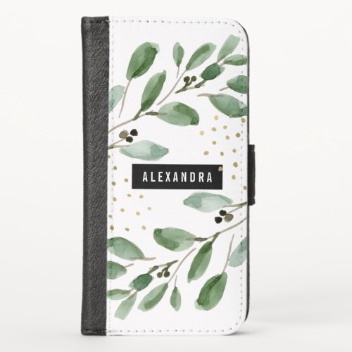 Modern Watercolor Greenery and Gold iPhone X Wallet Case