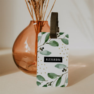 Modern Watercolor Greenery and Gold   Monogram Luggage Tag