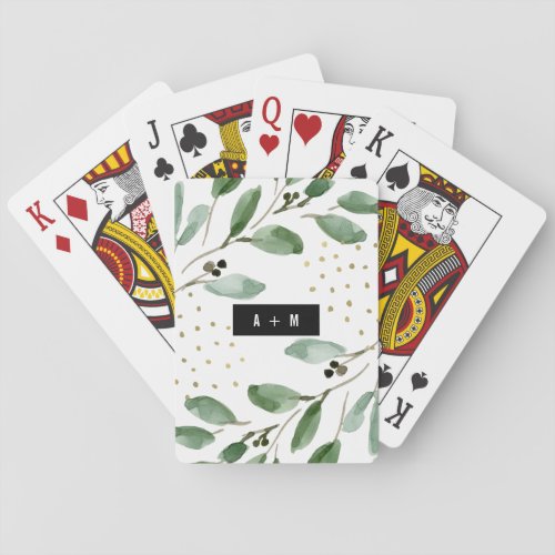 Modern Watercolor Greenery and Gold  Monogrammed Poker Cards