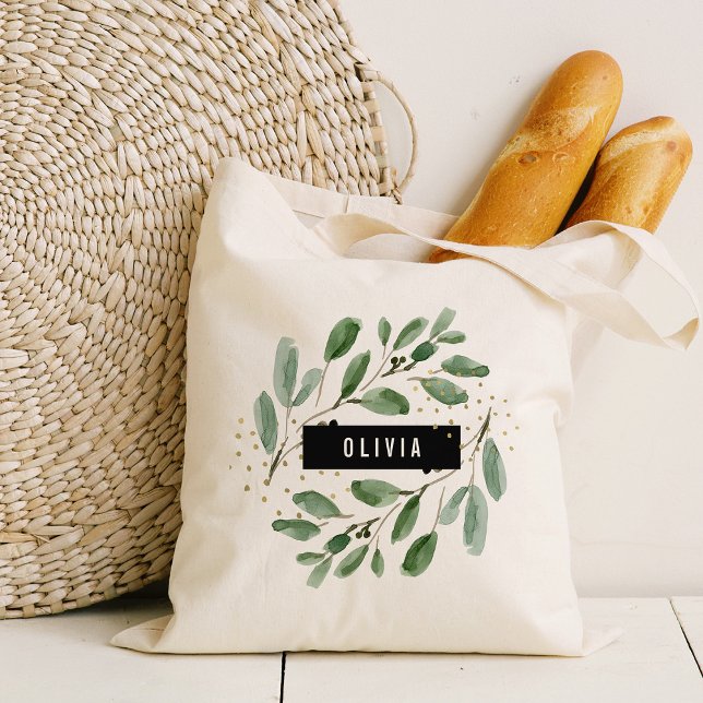 Modern Watercolor Greenery and Gold | Personalized Tote Bag (Creator Uploaded)