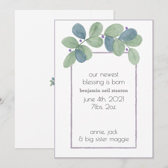 Modern Watercolor Greenery Birth Announcement (Front/Back)