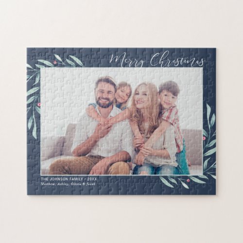 Modern Watercolor Greenery Blue Christmas Family Jigsaw Puzzle