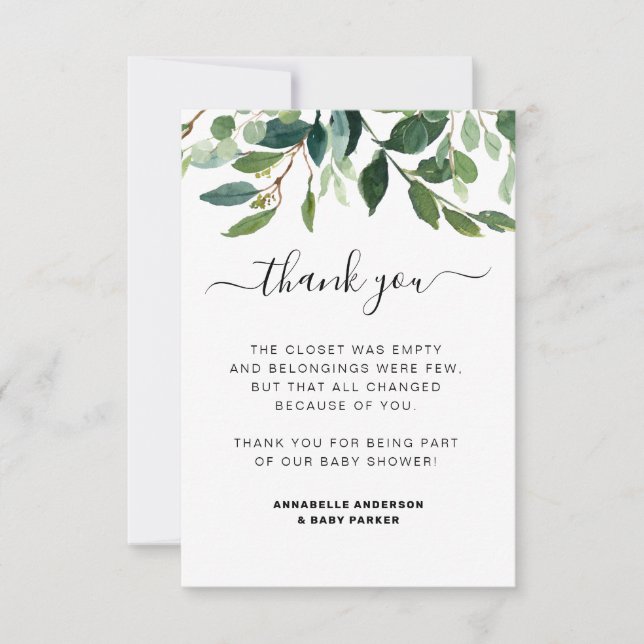 Modern Watercolor Greenery Botanical Baby Shower Thank You Card (Front)