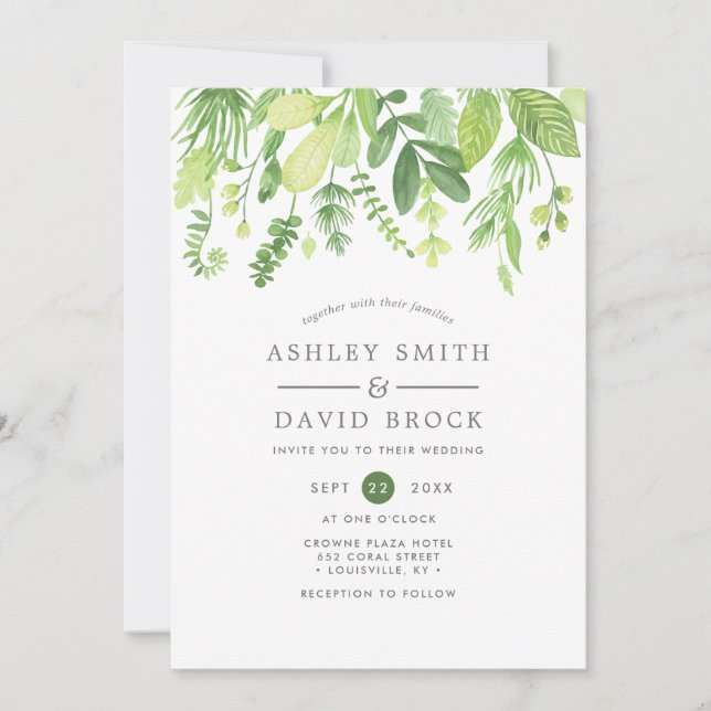Modern Watercolor Greenery Botanical Wedding Invitation (Front)