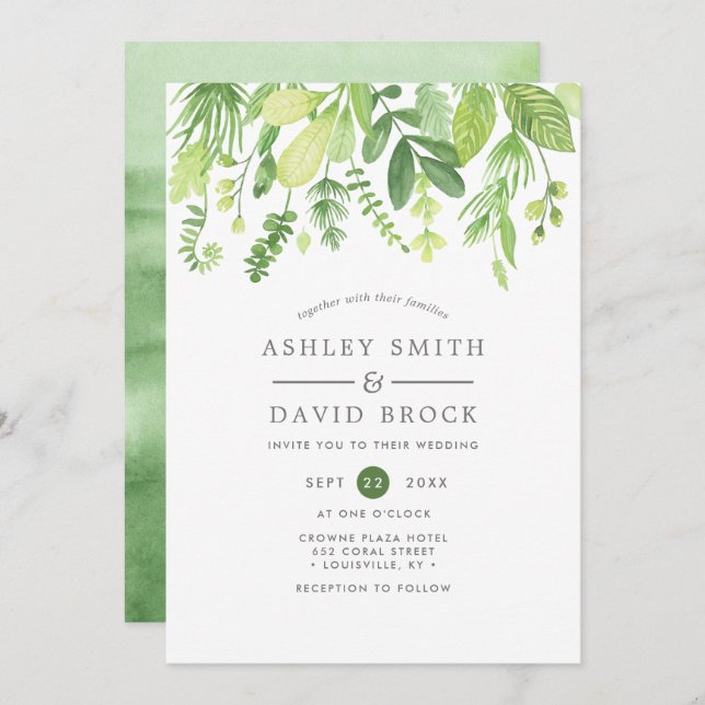 Modern Watercolor Greenery Botanical Wedding Invitation (Front/Back)