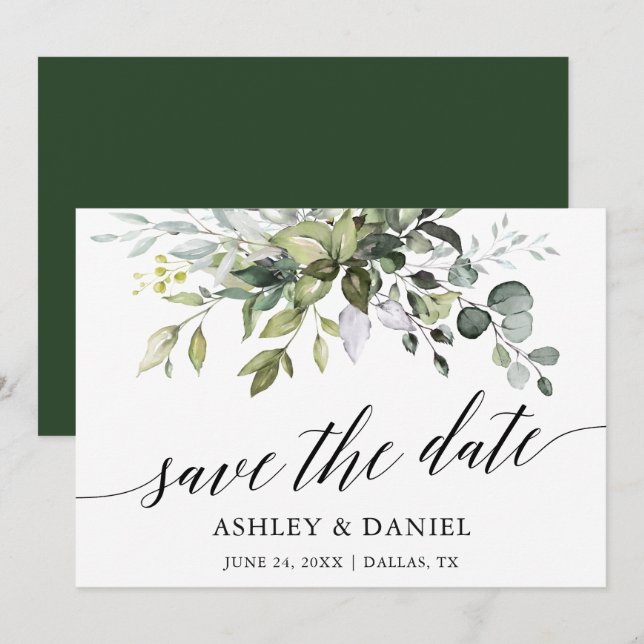 Modern Watercolor Greenery Calligraphy Save The Date (Front/Back)