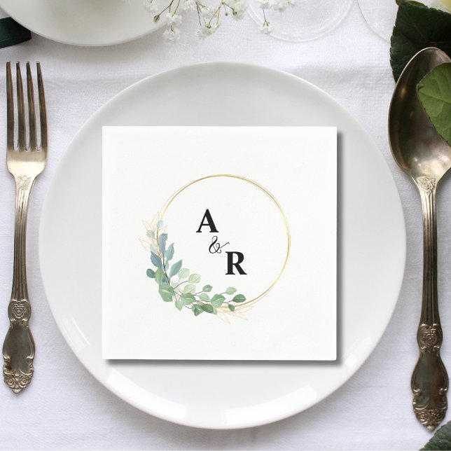 Modern Watercolor Greenery Couple Monogram Wedding Napkins (Creator Uploaded)