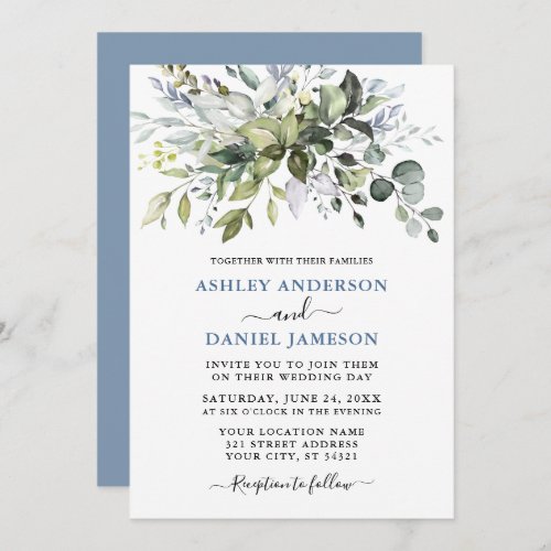 Modern Watercolor Greenery Dusty Blue Wedding Invitation