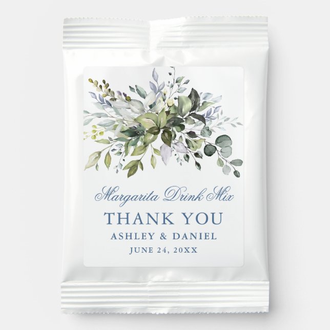 Modern Watercolor Greenery Dusty Blue Wedding Margarita Drink Mix (Front)