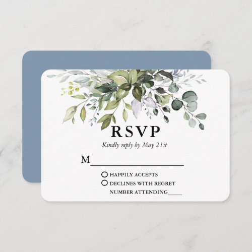 Modern Watercolor Greenery Dusty Blue Wedding RSVP Card