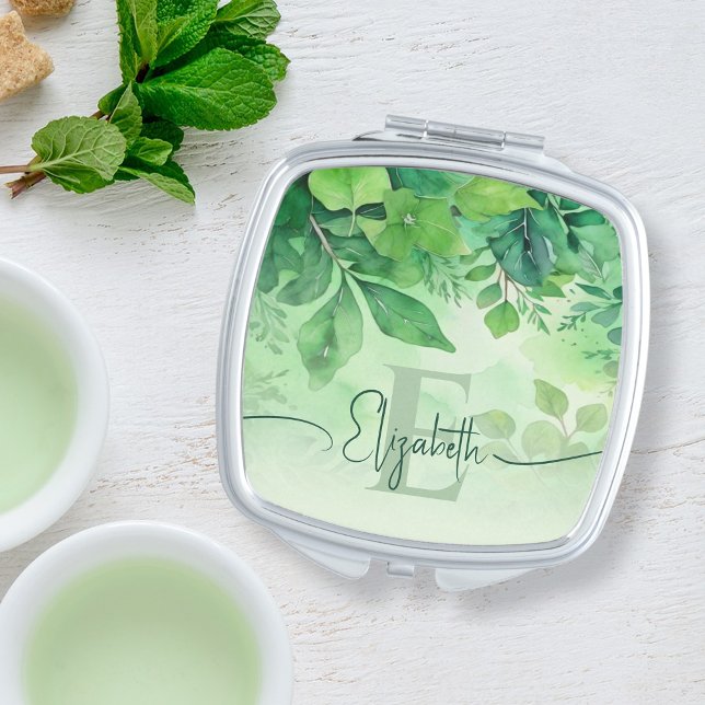 Modern Watercolor Greenery Elegant Monogrammed Compact Mirror (Creator Uploaded)