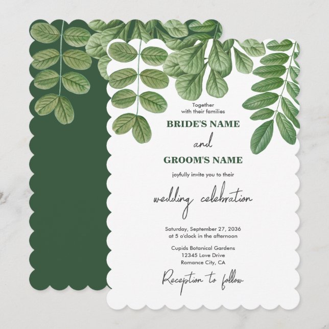 Modern Watercolor Greenery Emerald Green Wedding Invitation (Front/Back)