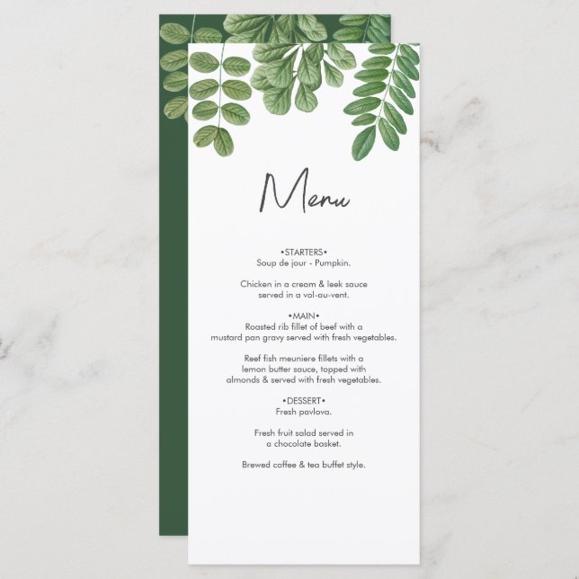 Modern Watercolor Greenery Emerald Green Wedding Menu (Front/Back)