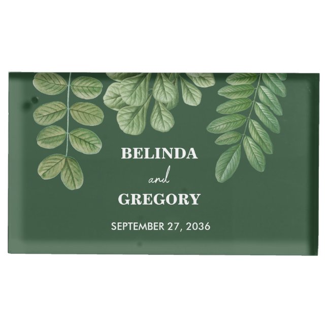 Modern Watercolor Greenery Emerald Green Wedding Place Card Holder (Front)