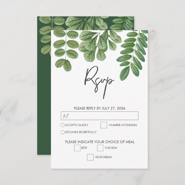Modern Watercolor Greenery Emerald Green Wedding RSVP Card (Front/Back)
