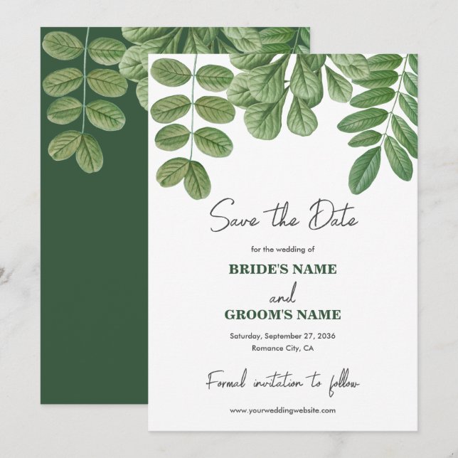 Modern Watercolor Greenery Emerald Green Wedding Save The Date (Front/Back)