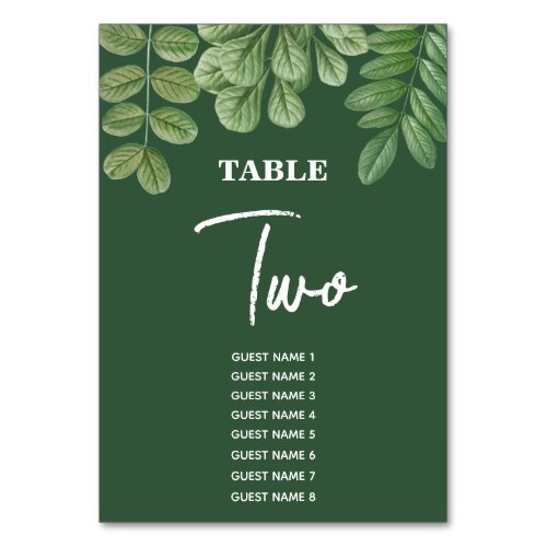 Modern Watercolor Greenery Emerald Green Wedding  Table Number