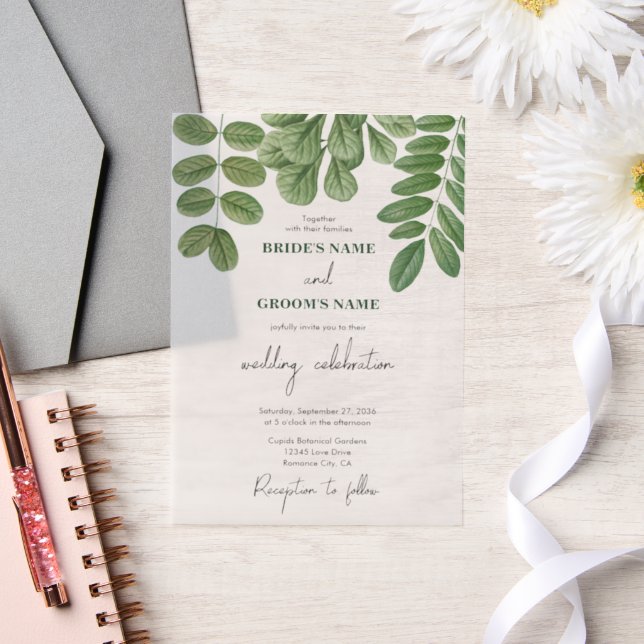 Modern Watercolor Greenery Emerald Green Wedding Vellum Invitations (Wedding)