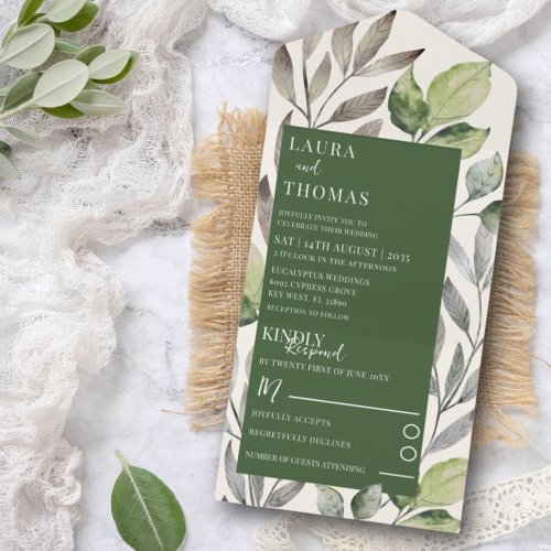 Modern Watercolor Greenery Emerald Wedding All In One Invitation