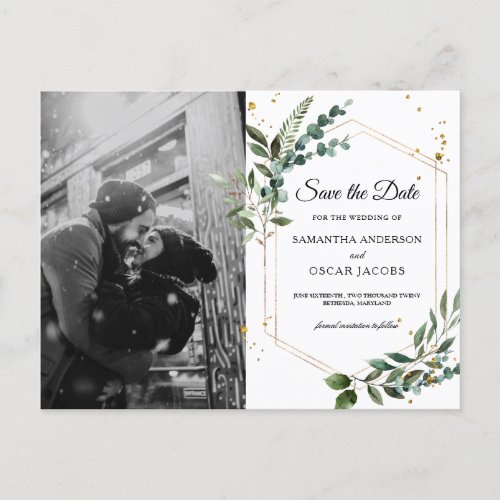 Modern Watercolor Greenery Eucalyptus Gold Frame Announcement Postcard