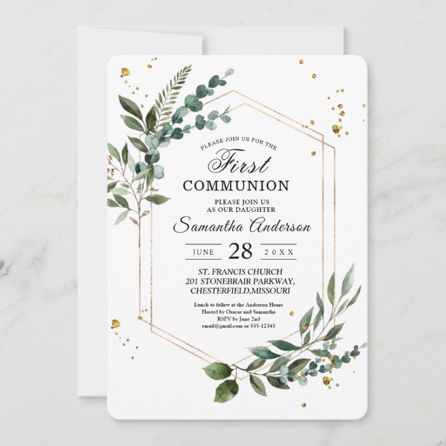 Modern Watercolor Greenery Eucalyptus Gold Frame  Invitation (Front)