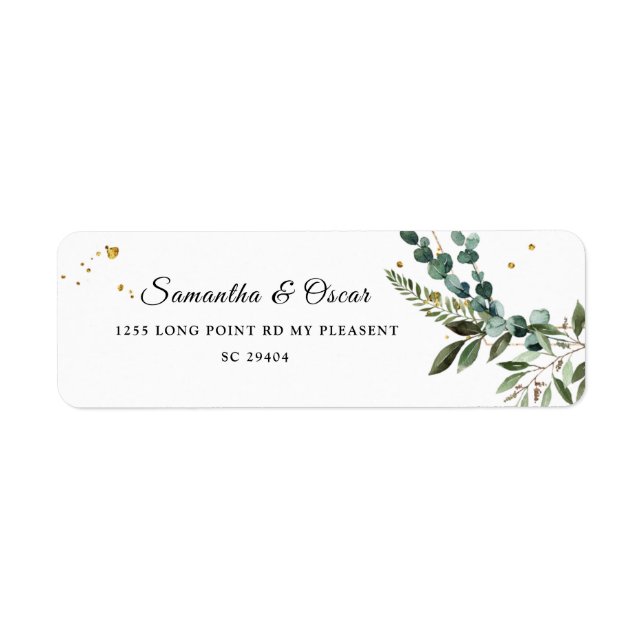 Modern Watercolor Greenery Eucalyptus Gold Frame Label (Front)
