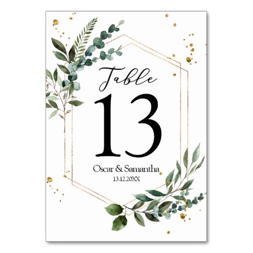 Modern Watercolor Greenery Eucalyptus Gold Frame  Table Number