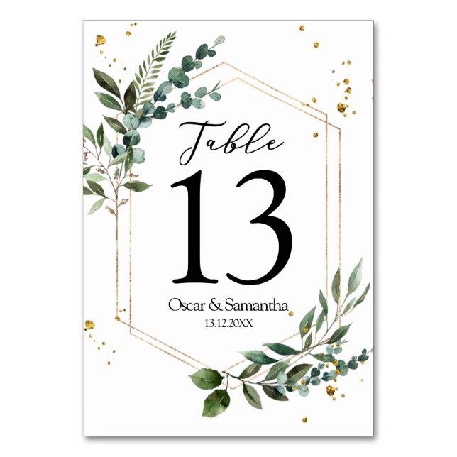Modern Watercolor Greenery Eucalyptus Gold Frame  Table Number (Front)