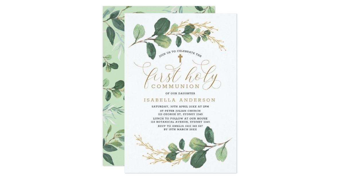 Modern Watercolor Greenery First Holy Communion Invitation | Zazzle.com