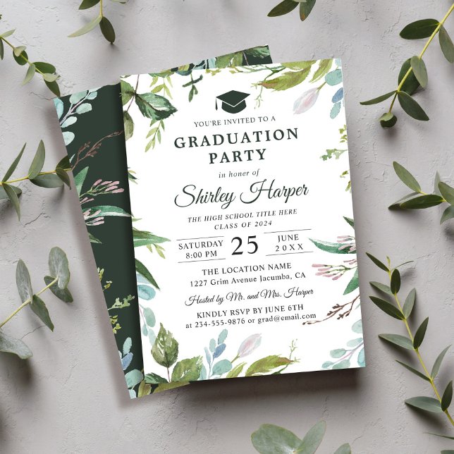 Modern Watercolor Greenery Floral Graduation Party Invitation (Creator Uploaded)