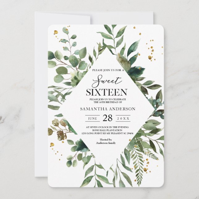 Modern Watercolor Greenery Frame & Gold Dots Invitation (Front)