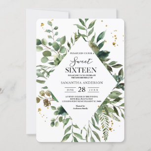 Modern Watercolor Greenery Frame & Gold Dots Invitation