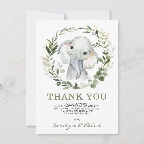 Modern Watercolor Greenery Gold Baby Elephant Thank You Card