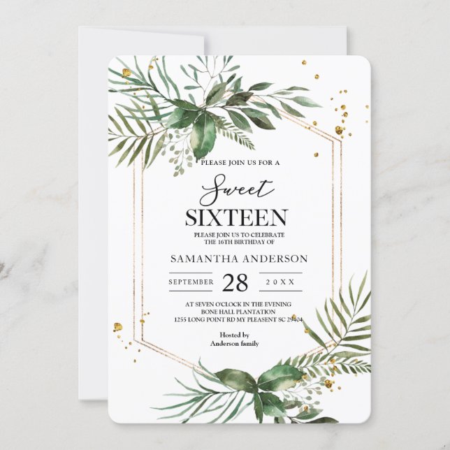 Modern Watercolor Greenery Gold Frame  Invitation (Front)