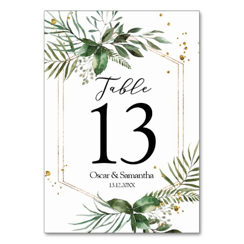 Modern Watercolor Greenery Gold Frame Table Number